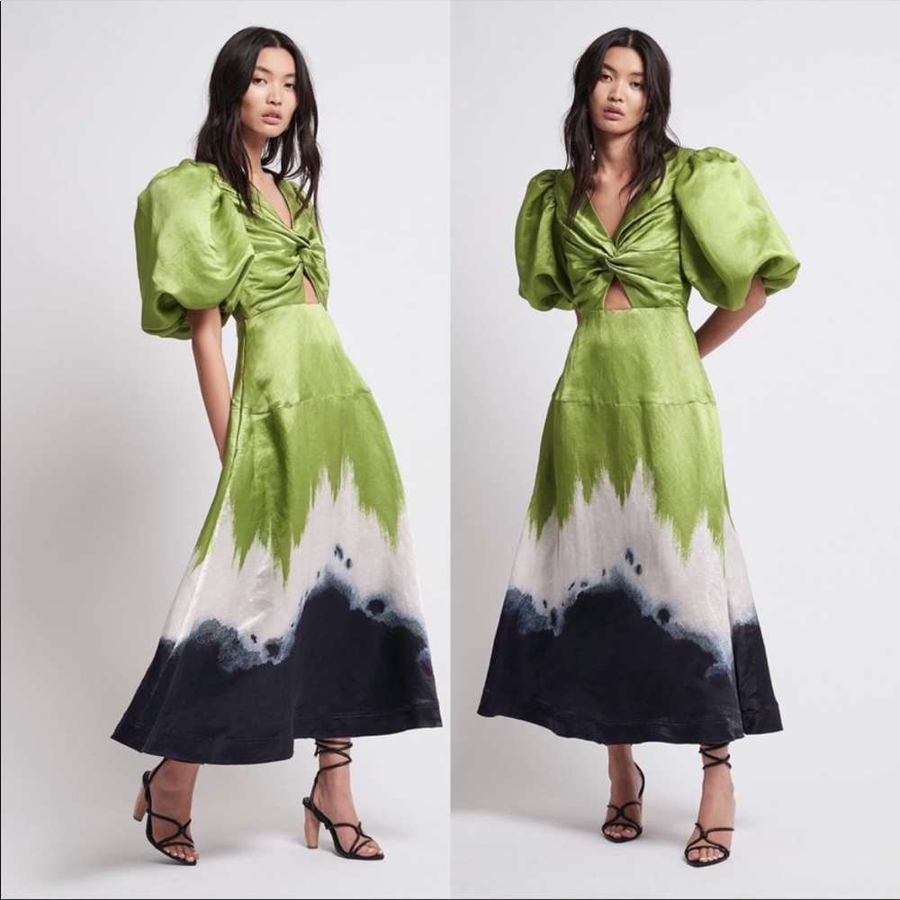 Aje Puff Sleeved Dress Statement knot front Arcadian midi cutout